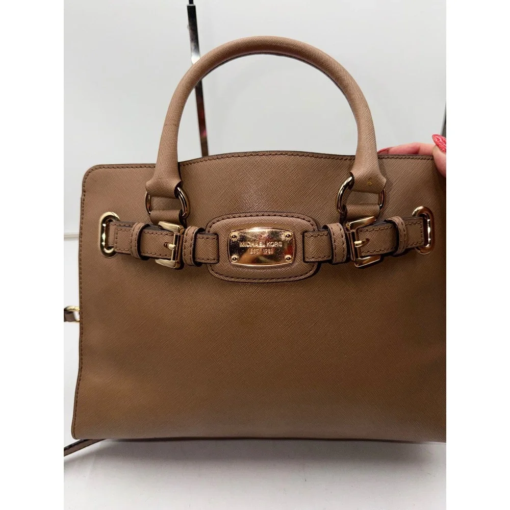 Michael Kors Hamilton Satchel Luggage Brown Saffiano Leather Handbag Gold Tone